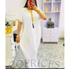 Lydiaz Abaya Maxi Short Sleeve Dress With Gold Design-White