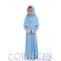 Muslim Children Girls Prayer Dress 2 Pieces Hijab Abaya Ramadan Sets Arab Kids Jilbab Headscarf Long Robe Islamic Party Gown-Blue