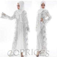 Abaya Muslim Women Cardigan Long Maxi Dress Open Front Robe Kaftan Dubai Jilbab Sequin Lace Embroidery Islamic Kimono Turkey Middle East(White)